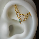 14k GOLD DOUBLE EAR CHAIN - GREEN ONYX KITE - WHITE SAPPHIRES