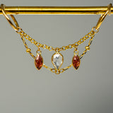 14K GOLD GARNET AND WHITE TOPAZ DOUBLE EAR CHAIN