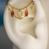 14K GOLD GARNET AND WHITE TOPAZ DOUBLE EAR CHAIN