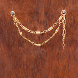 14k GOLD DOUBLE EAR CHAIN - CYLINDER AND BEADED CHAINS - CRINKLE AND MICRO HEART CHAIN ACCENTS