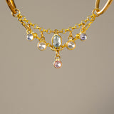 14K GOLD SKY BLUE TOPAZ - WHITE SAPPHIRE - TANZANITE - PINK SAPPHIRE DOUBLE EAR CHAIN