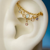 14K GOLD SKY BLUE TOPAZ - WHITE SAPPHIRE - TANZANITE - PINK SAPPHIRE DOUBLE EAR CHAIN