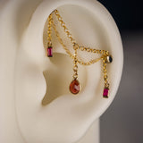 14K GOLD RUBY AND GARNET DOUBLE EAR CHAIN
