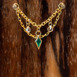 14k GOLD DOUBLE EAR CHAIN - GREEN ONYX KITE - WHITE SAPPHIRES