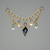 14K GOLD DOUBLE EAR CHAIN - LONDON BLUE TOPAZ - WHITE SAPPHIRE - SWISS BLUE TOPAZ