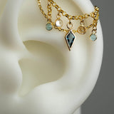 14K GOLD DOUBLE EAR CHAIN - LONDON BLUE TOPAZ - WHITE SAPPHIRE - SWISS BLUE TOPAZ