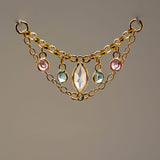 14k GOLD - LINKED DOUBLE EAR CHAIN - WHITE TOPAZ - PINK SAPPHIRE - SWISS BLUE TOPAZ