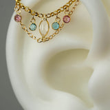 14k GOLD - LINKED DOUBLE EAR CHAIN - WHITE TOPAZ - PINK SAPPHIRE - SWISS BLUE TOPAZ