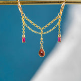 14K GOLD RUBY AND GARNET DOUBLE EAR CHAIN