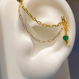 14k GOLD DOUBLE EAR CHAIN - EMERALD HEART CHARM