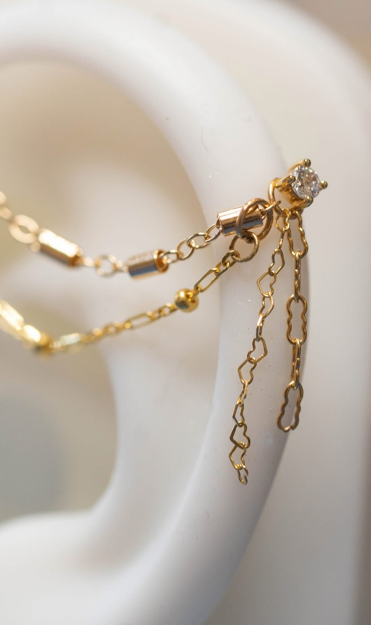 14k GOLD DOUBLE EAR CHAIN - CYLINDER AND BEADED CHAINS - CRINKLE AND MICRO HEART CHAIN ACCENTS