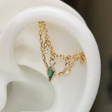14k GOLD DOUBLE EAR CHAIN - GREEN ONYX KITE - WHITE SAPPHIRES