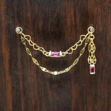 14k Gold Double Ear Chain With Two Ruby Baguettes, Heart and Tile Chains