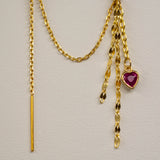 14k GOLD EAR THREADER - RUBY HEART - TILE CHAIN ACCENTS