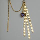 14k GOLD EAR THREADER - AMETHYST HEART - FLAT TILE CHAIN TASSEL