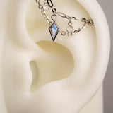 14k WHITE GOLD DOUBLE EAR CHAIN - WHITE SAPPHIRE - RAINBOW MOONSTONE