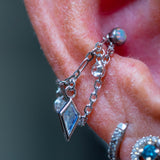 14k WHITE GOLD DOUBLE EAR CHAIN - WHITE SAPPHIRE - RAINBOW MOONSTONE